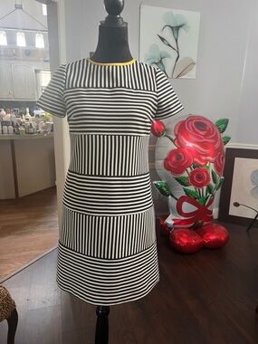 Maggy London Black & White Striped Mini Dress with Yellow Neckline